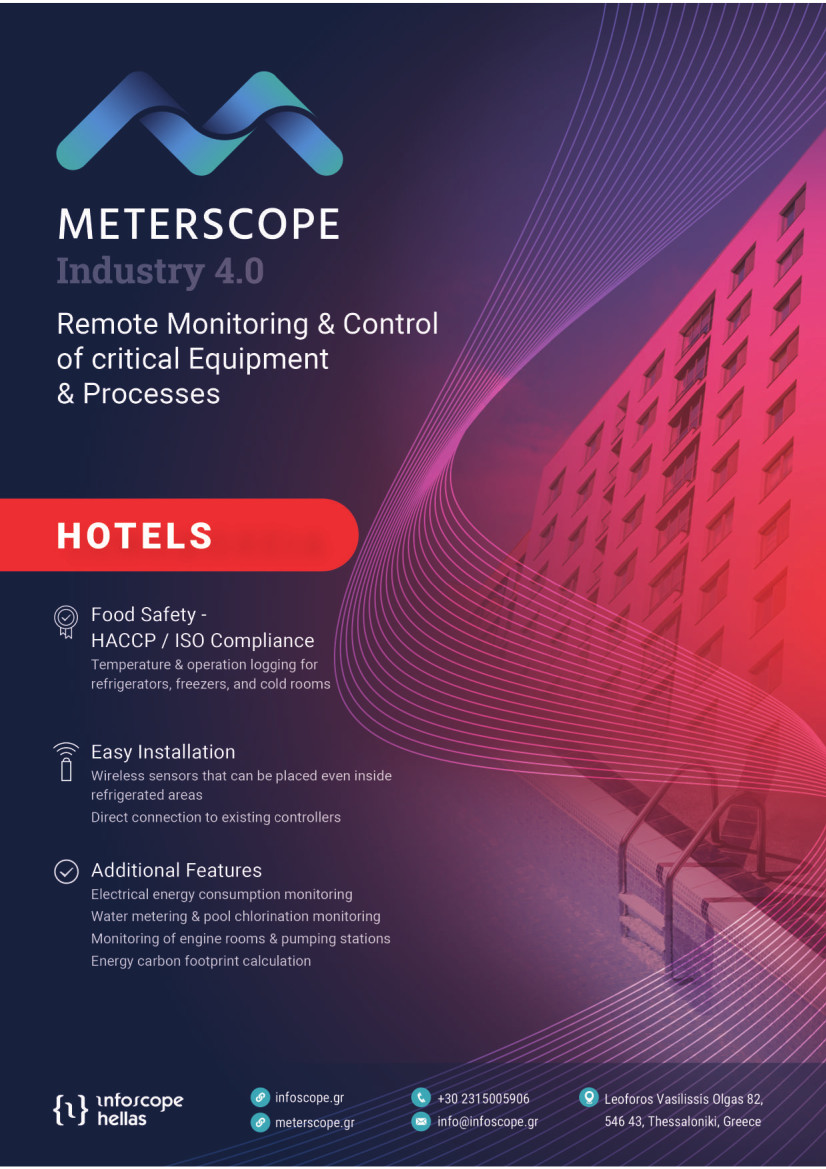 Hotels – Temperature logging for food, electrical energy monitoring, heat pump supervision and sub-metering, water metering, domestic hot water temperature control, pool chlorine measurement / ISO 22000, 50001, 14001. Hotels – Temperature logging for food, electrical energy monitoring, heat pump supervision and sub-metering, water metering, domestic hot water temperature control, pool chlorine measurement / ISO 22000, 50001, 14001.